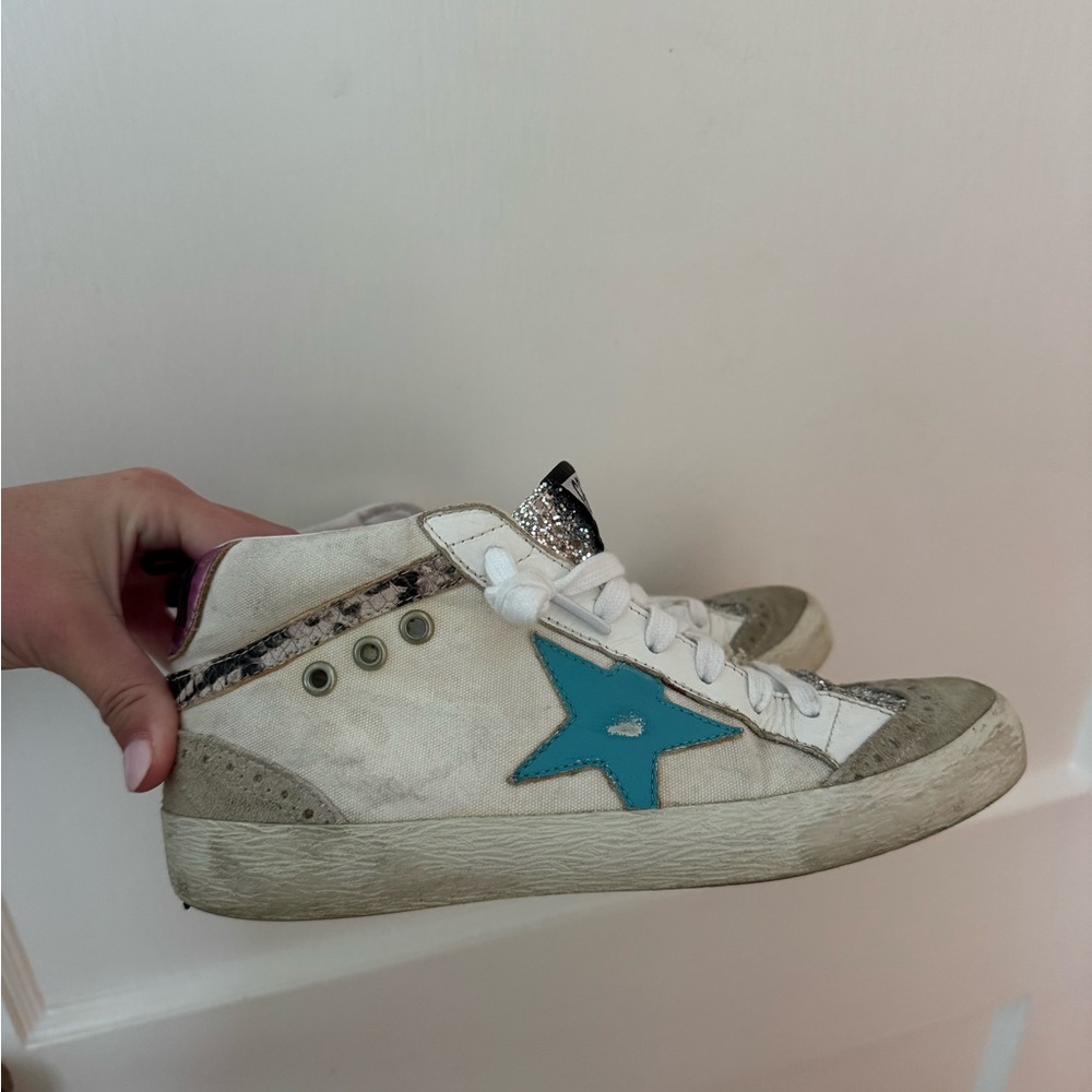 Golden Goose White Silver Glitter Sneakers with Teal Star - Picture 6 of 6